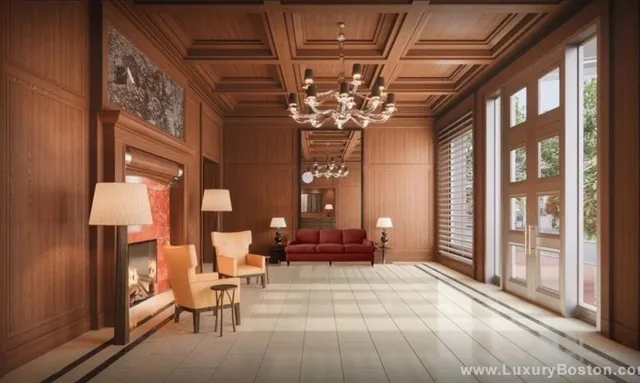 a lobby with furniture and chandelier