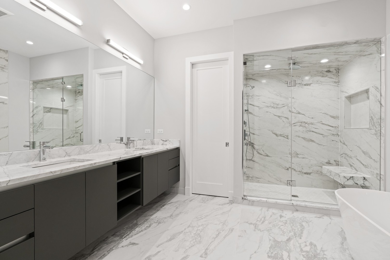 236 South Green Street, Unit 2S Chicago, IL 60607 - Photo 9 of 15 a bathroom with a double sink shower and a mirror