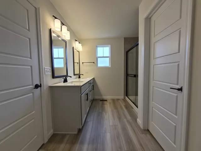 a bathroom with a sink a mirror and shower