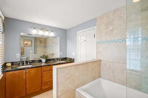 a bathroom with a bathtub sink and mirror
