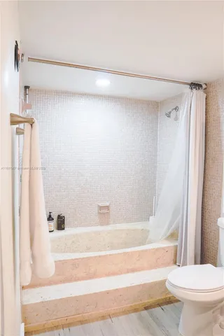 a bathroom with a bathtub and a toilet