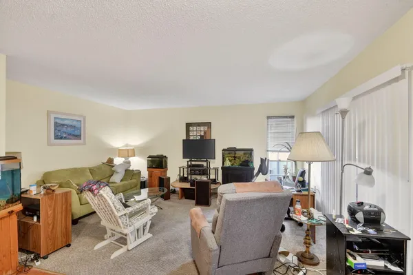 a living room with furniture and a lamp