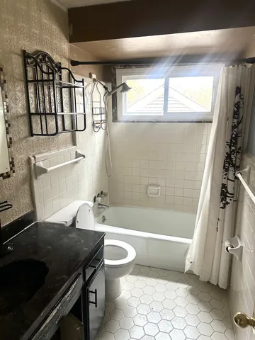 a bathroom with a sink a toilet and bathtub