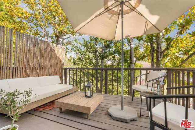 an outdoor space with furniture