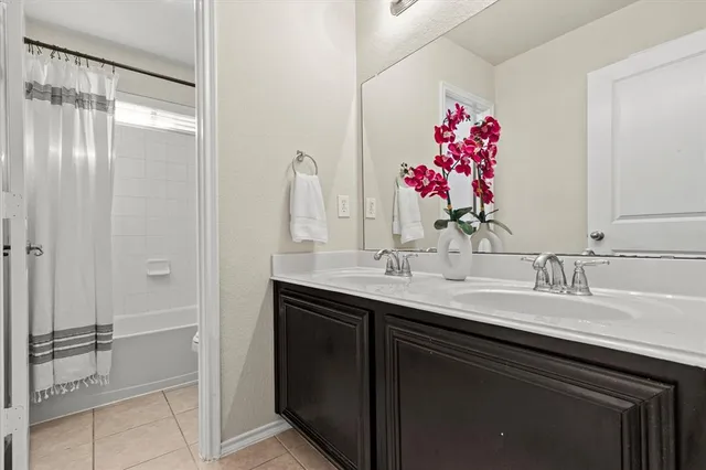 a bathroom with a sink vanity and a mirror