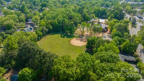 an aerial view of a house with a yard and green space