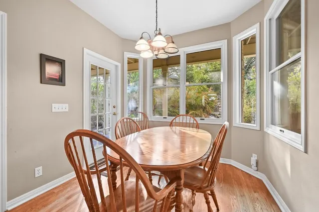a view of a dining room with furniture window and outside view