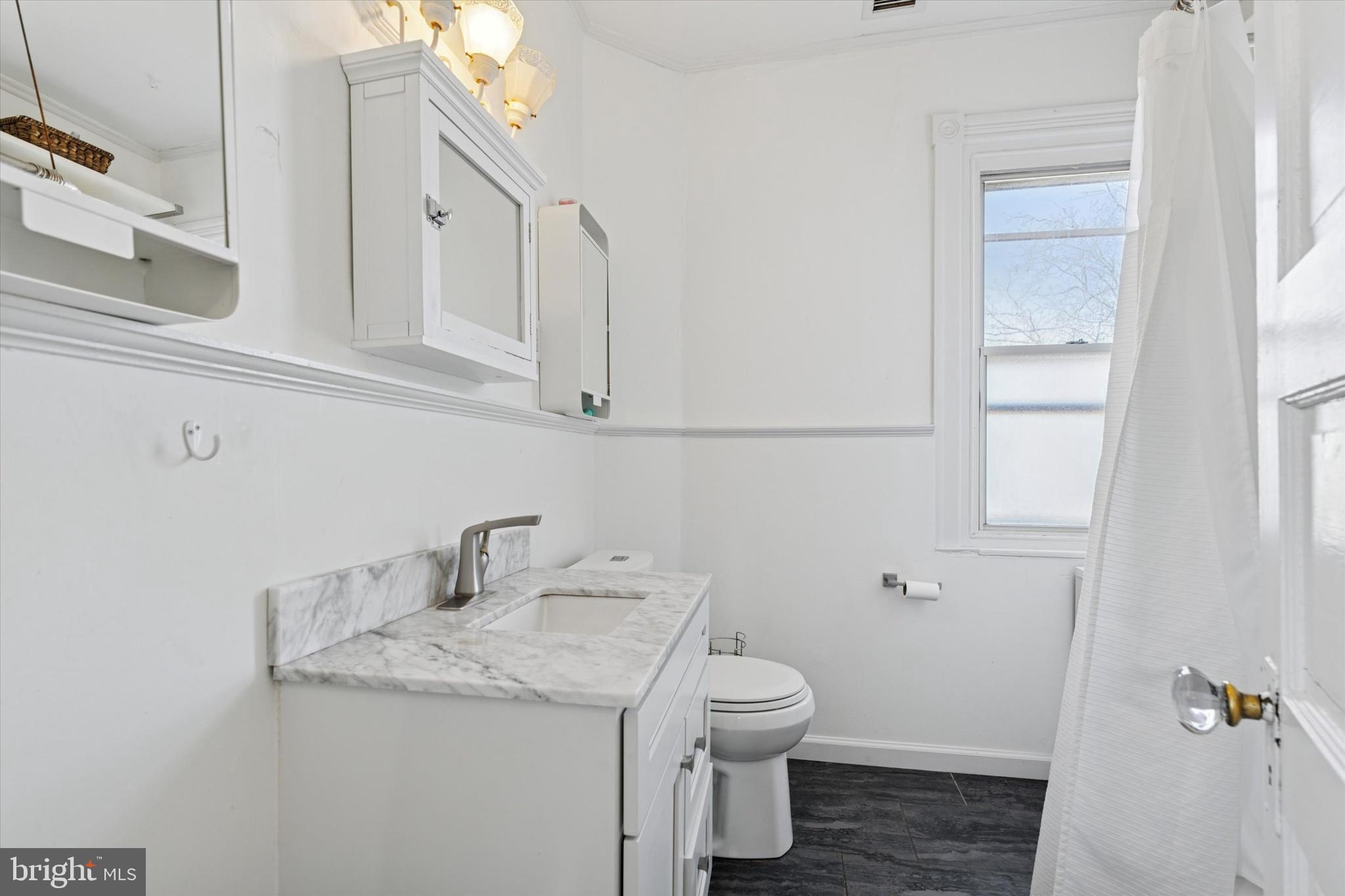 305 Grayling Avenue Narberth, PA 19072 - Photo 20 of 40 a bathroom with a granite countertop sink a toilet and a mirror