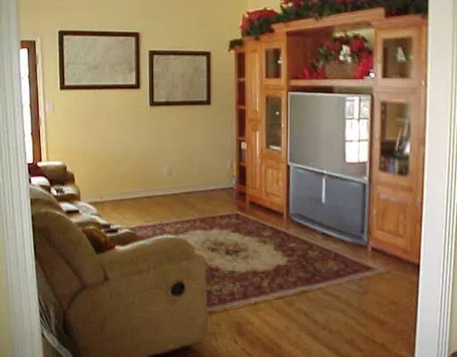 a living room with a couch and a stove with wooden floor