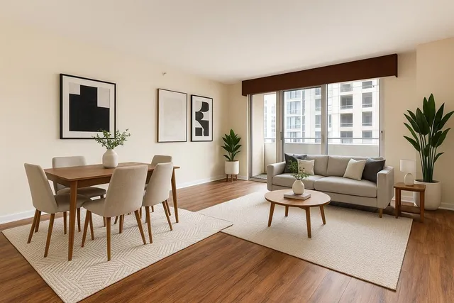 a living room with furniture a flat screen tv and a large window