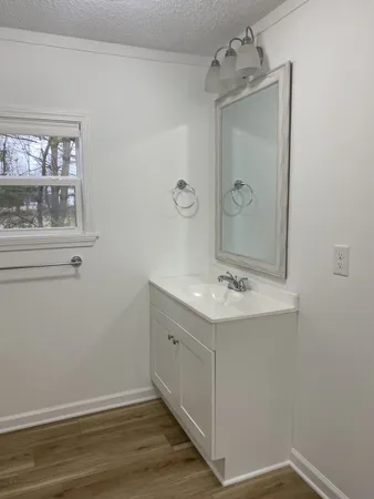 a bathroom with a sink a mirror and a vanity