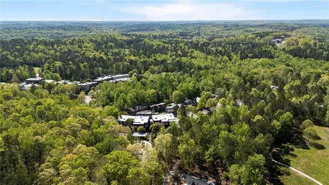 a view of a city with lush green forest