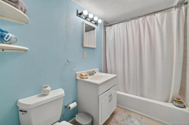 a bathroom with a sink a toilet and shower curtain