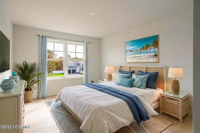 a bedroom with bed and balcony