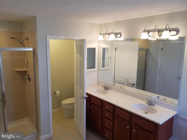 a bathroom with a double vanity sink mirror and toilet