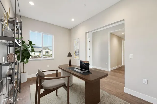 a living room with furniture and a potted plant