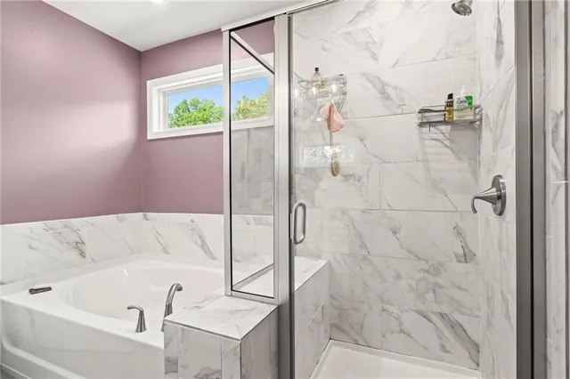 a bathroom with a bathtub and a shower