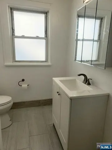 a bathroom with a sink a toilet and a mirror