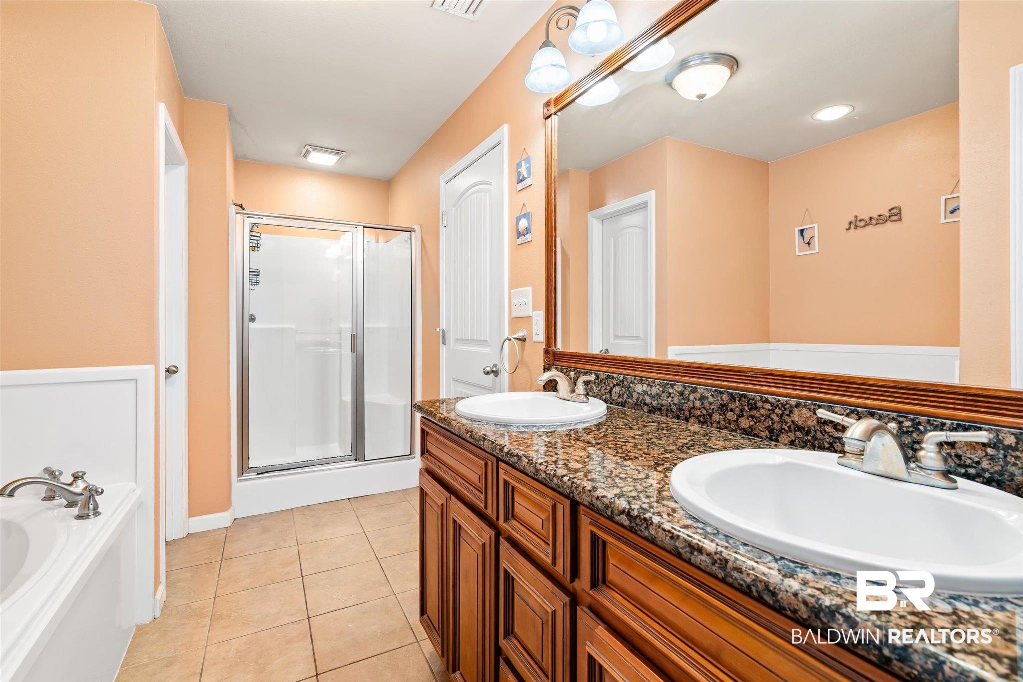 2855 Rebecca Drive West Mobile, AL 36618 - Photo 12 of 22 Bathroom with tile patterned flooring, vanity, and plus walk in shower