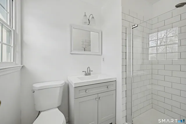 a bathroom with a toilet sink vanity and mirror