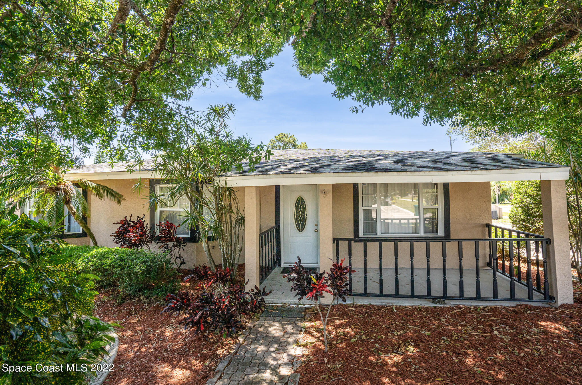 a view of a house with a small yard and large tree