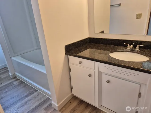 a bathroom with a sink and a mirror