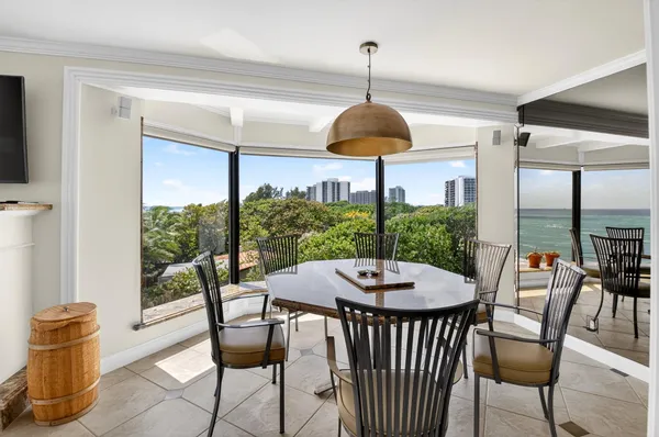 a view of a dining room with furniture window and outside view
