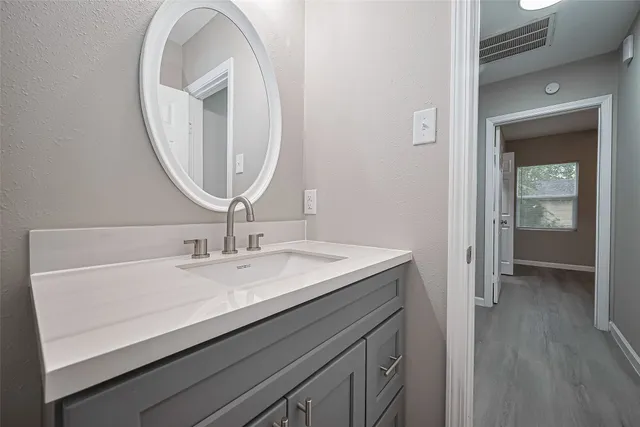 a bathroom with a sink and a mirror