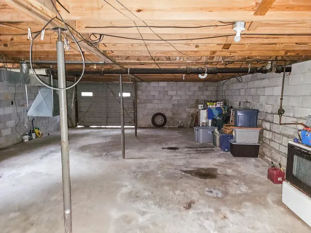 a view of a garage with storage