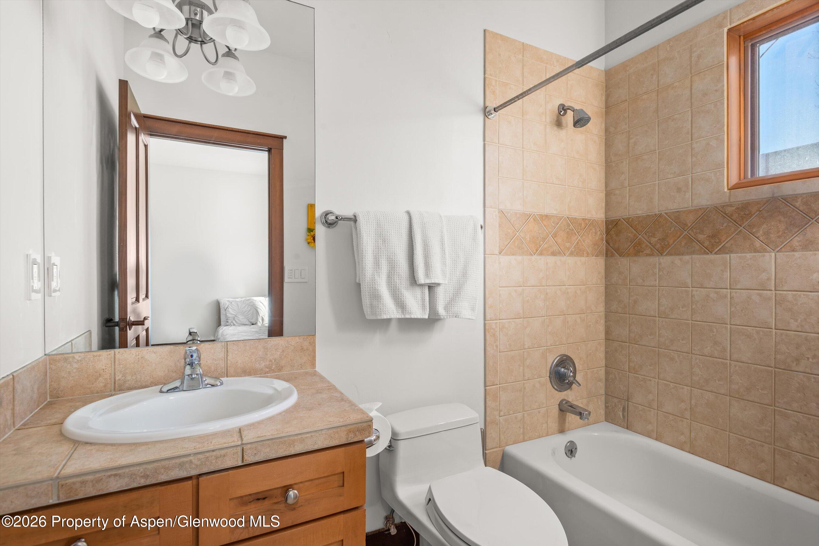 410 Meadow Court Basalt, CO 81621 - Photo 19 of 30 a bathroom with a granite countertop sink a toilet and shower
