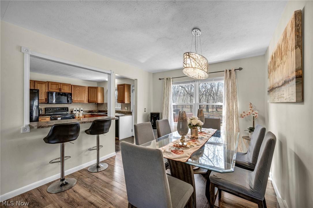 54 Park Road Painesville, OH 44077 - Photo 10 of 38 Dining area featuring dark wood-style floors, a textured ceiling, and suspended lighting