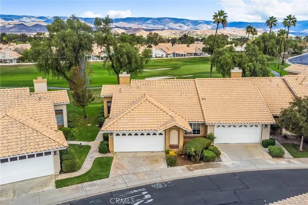 an aerial view of a house with a yard and potted plants