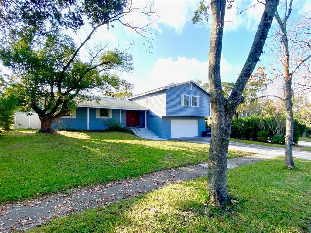 a front view of a house with a yard and tree