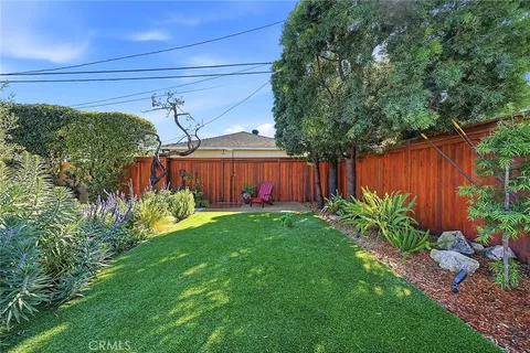 a view of a backyard with potted plants and large tree