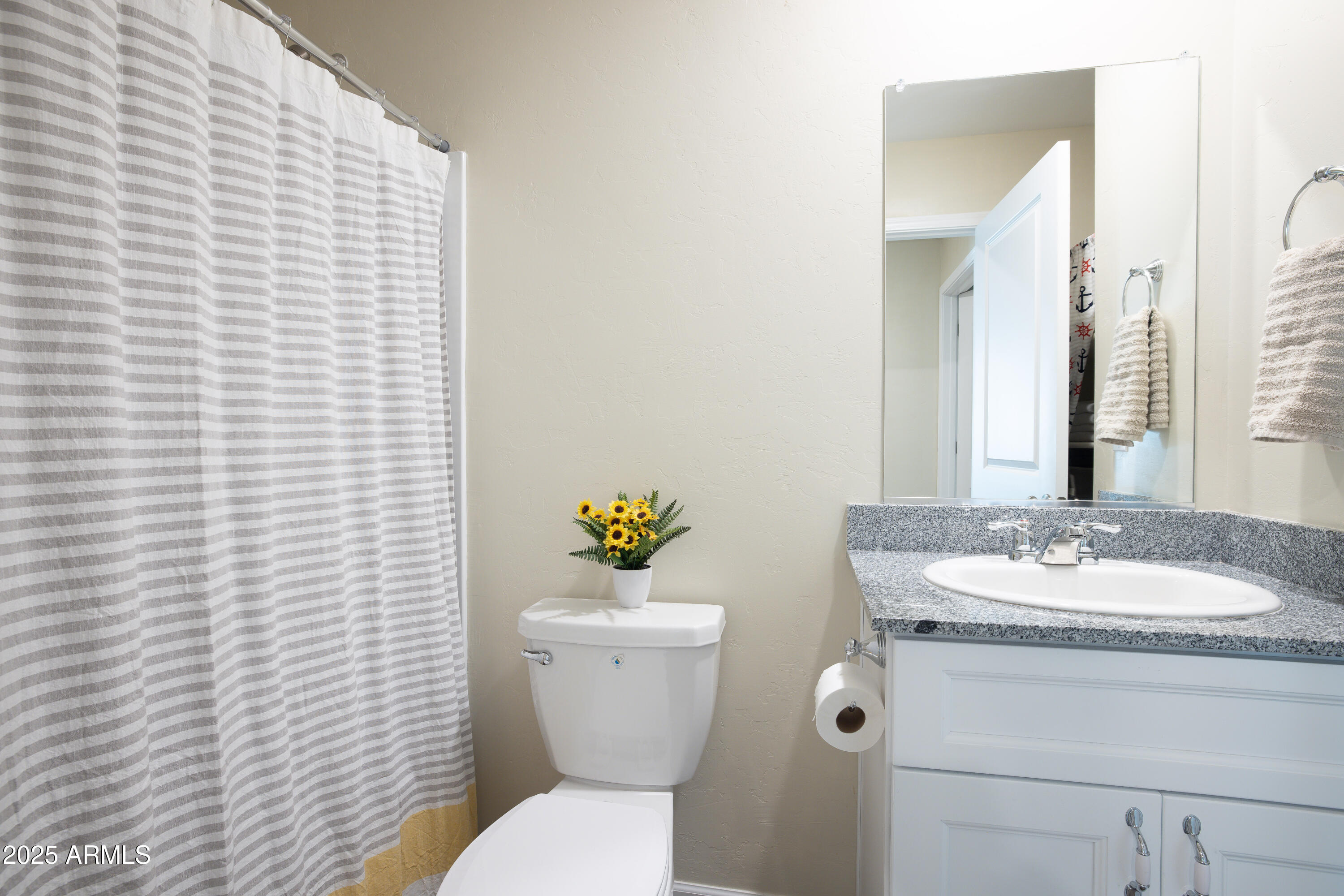 1256 South Lenora Loop Benson, AZ 85602 - Photo 28 of 34 a bathroom with a granite countertop toilet a sink a mirror and a shower curtain