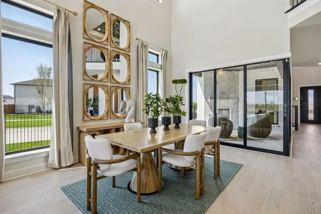 a view of a dining room with furniture and a floor to ceiling window