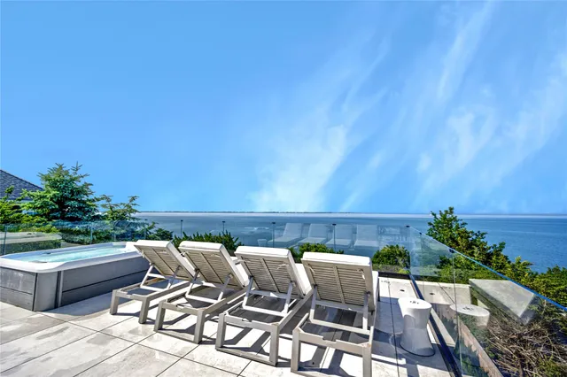 a roof deck with couches and potted plants