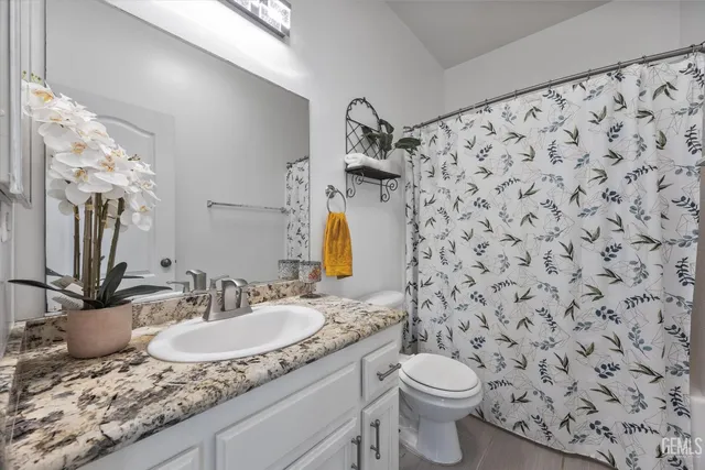 a bathroom with a granite countertop sink a toilet and a mirror