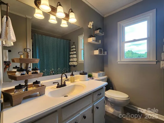 a bathroom with a sink mirror and vanity