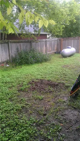 a view of a backyard with a fence and plants