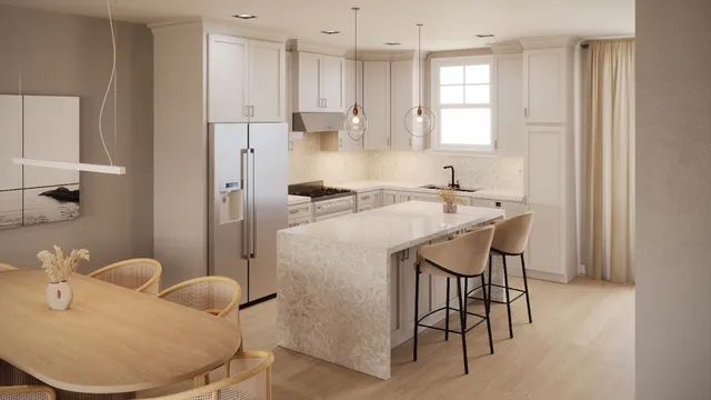 a kitchen with stainless steel appliances granite countertop a sink a stove a refrigerator dining table and chairs