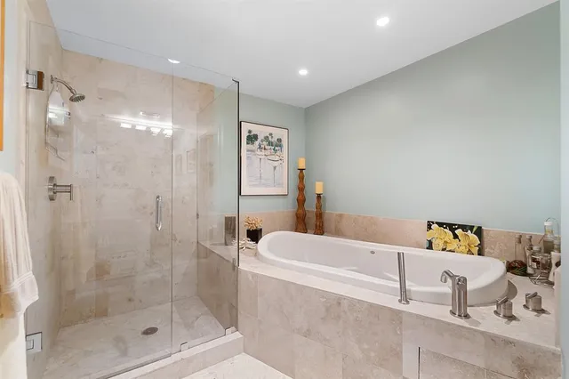 a bathroom with a bathtub and a shower