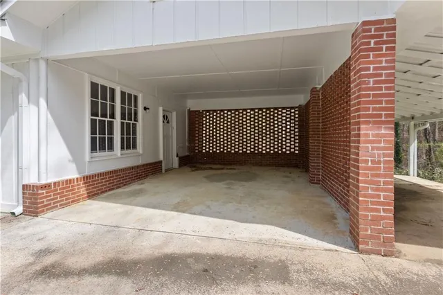 a view of a garage with stairs