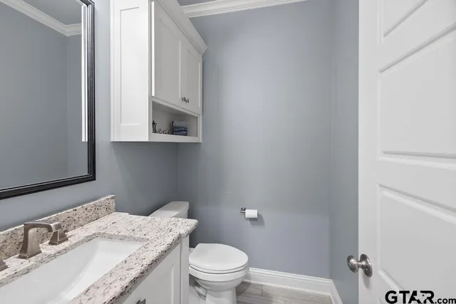 a bathroom with a granite countertop sink a toilet and mirror