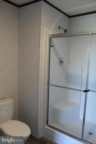 a bathroom with a shower and a toilet