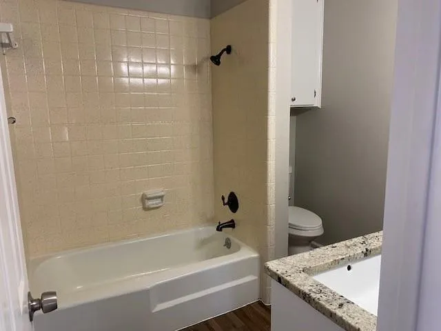 a bathroom with a granite countertop sink a toilet and bathtub