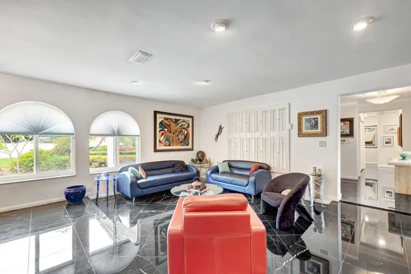 a view of a dining room with furniture