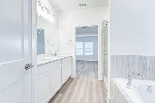 a bathroom with a sink a mirror and a bathtub