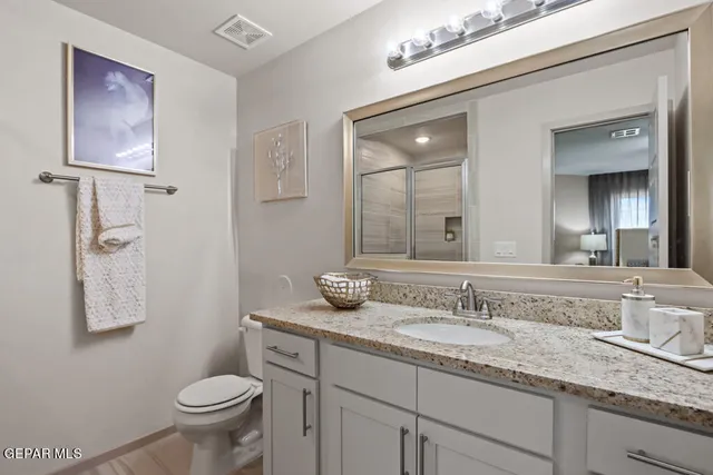a bathroom with a granite countertop sink toilet and mirror