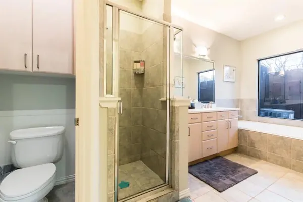 a bathroom with a shower a toilet and a sink